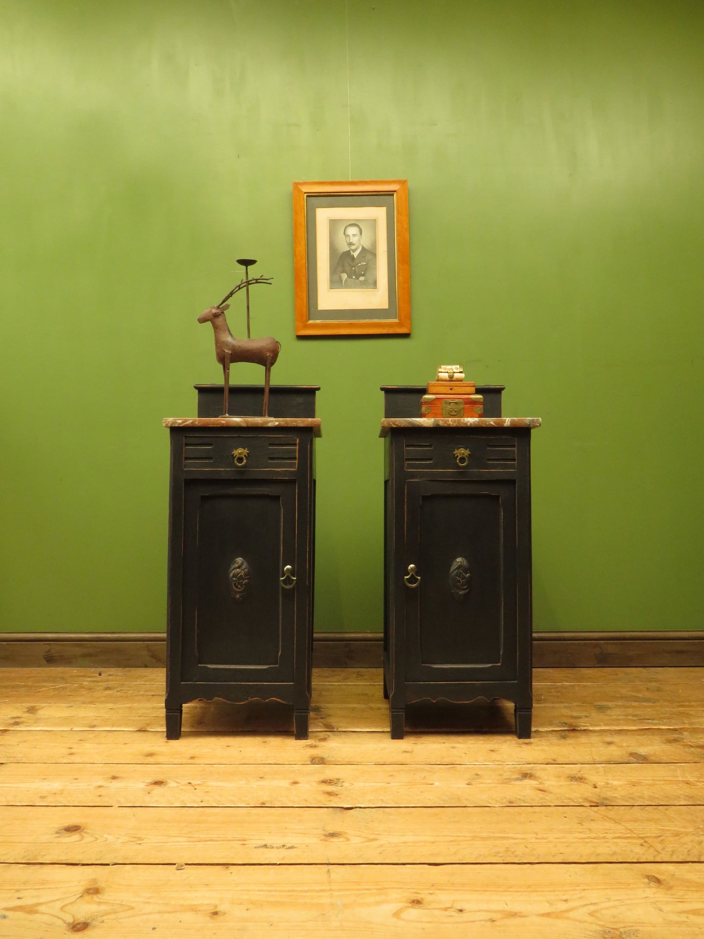 Pair of Antique Black Bedside Cabinets with Marble Tops