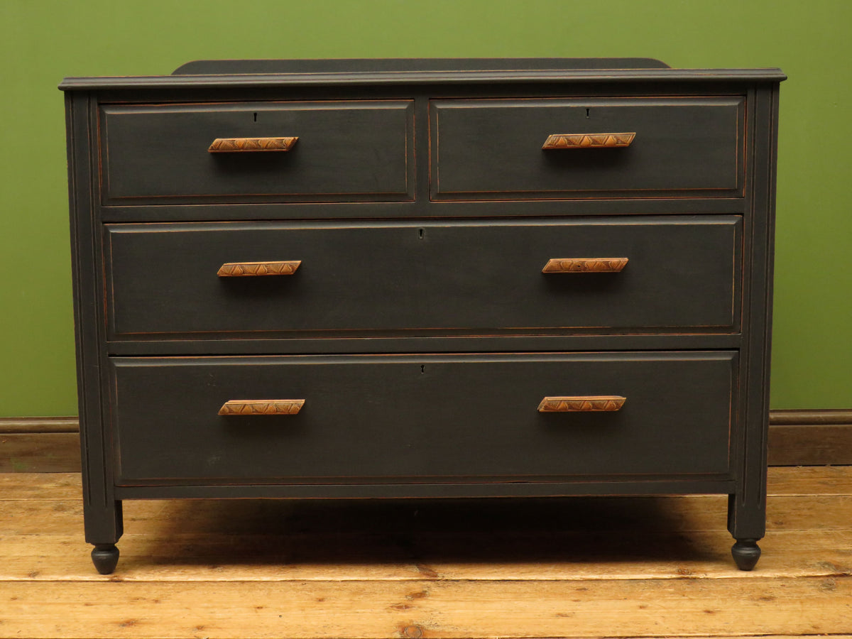 Art Deco Painted Black Chest of Drawers with stylised wooden handles
