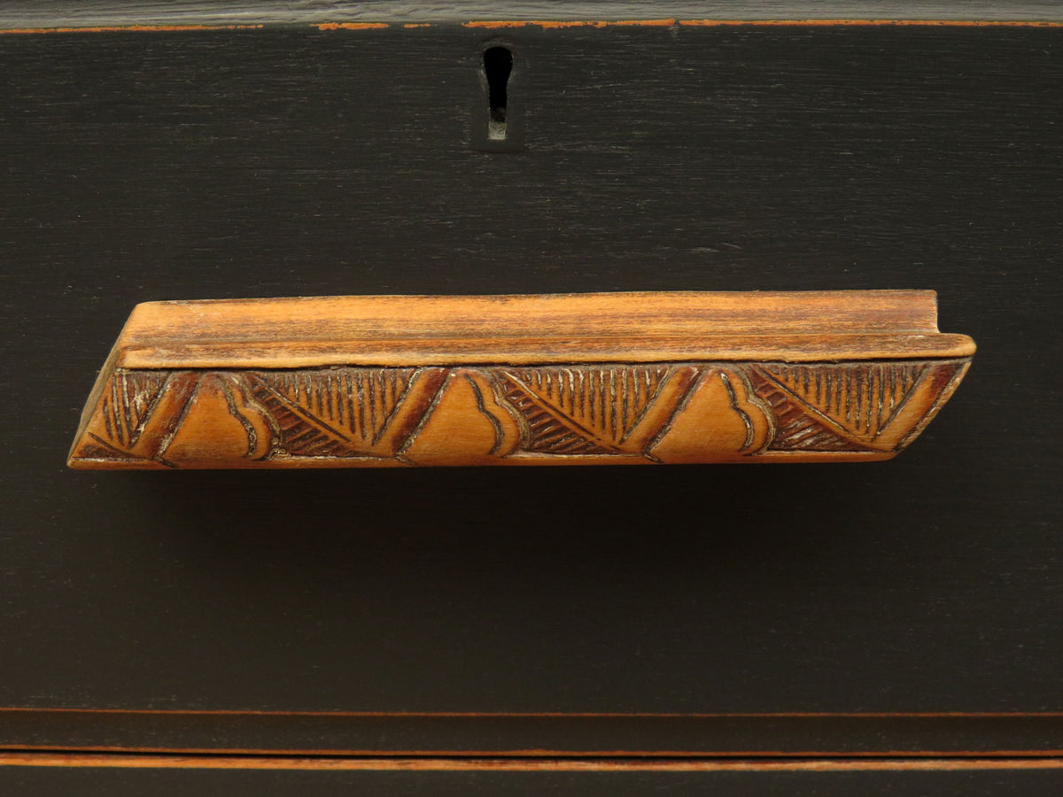 Art Deco Painted Black Chest of Drawers with stylised wooden handles