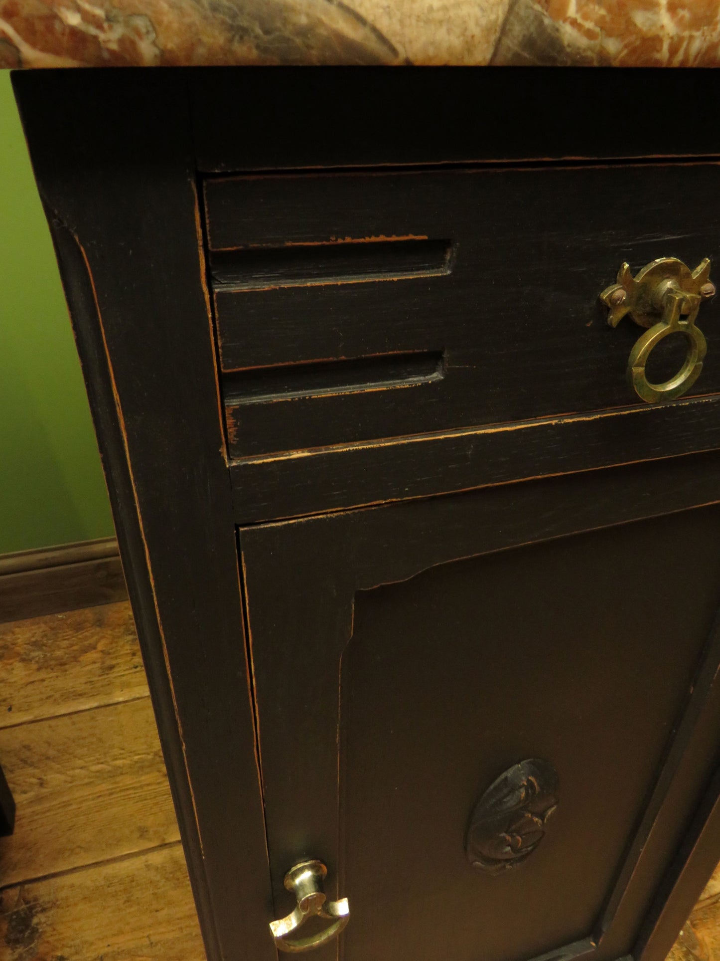 Pair of Antique Black Bedside Cabinets with Marble Tops