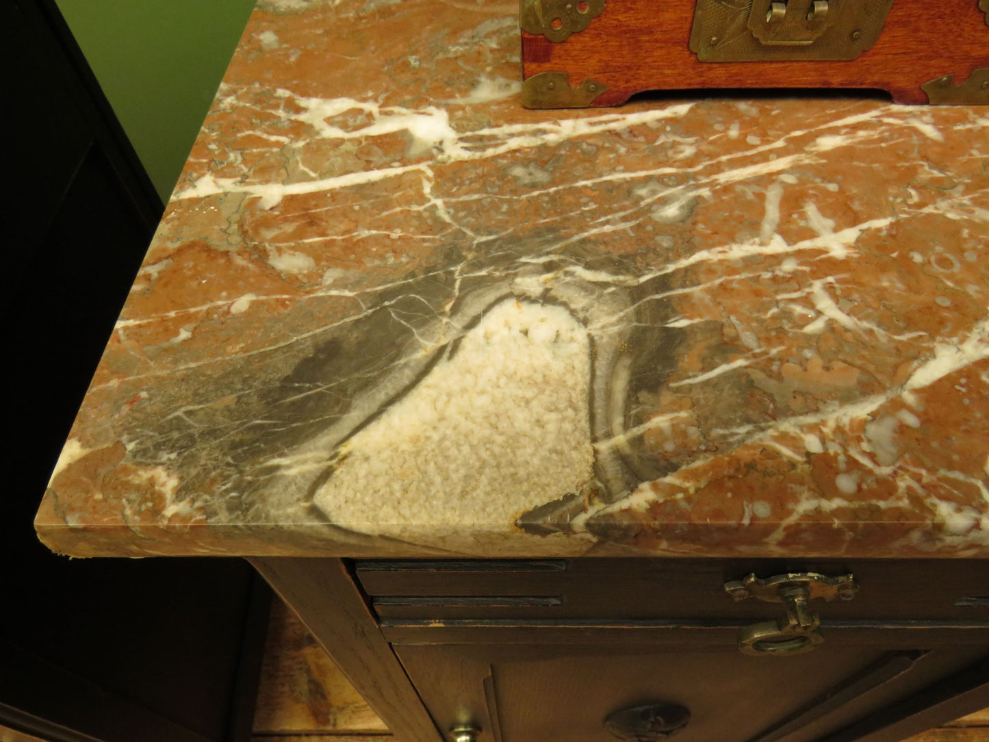 Pair of Antique Black Bedside Cabinets with Marble Tops