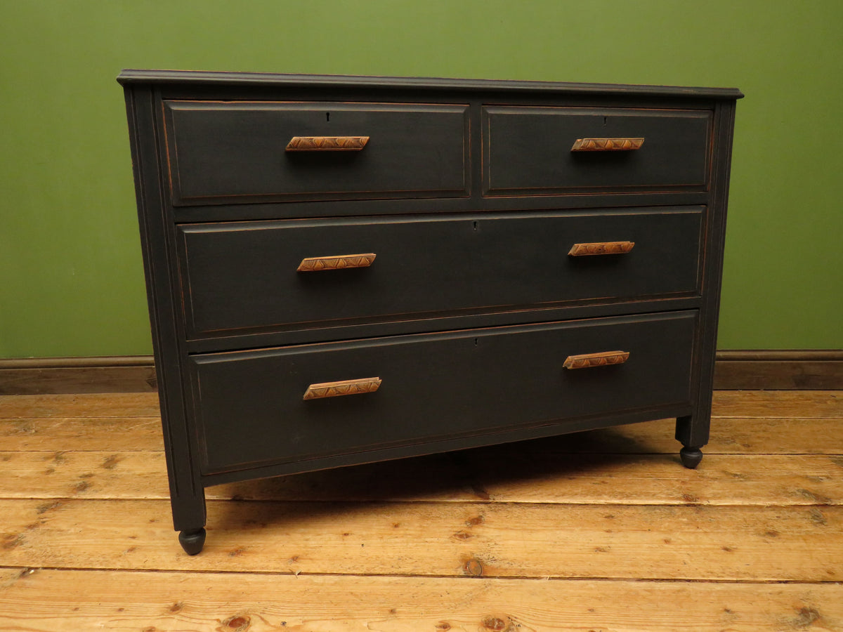 Art Deco Painted Black Chest of Drawers with stylised wooden handles