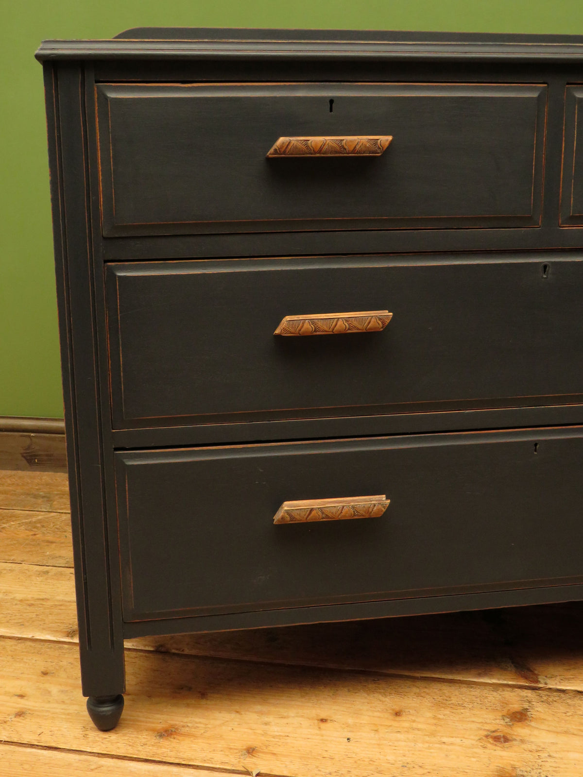 Art Deco Painted Black Chest of Drawers with stylised wooden handles