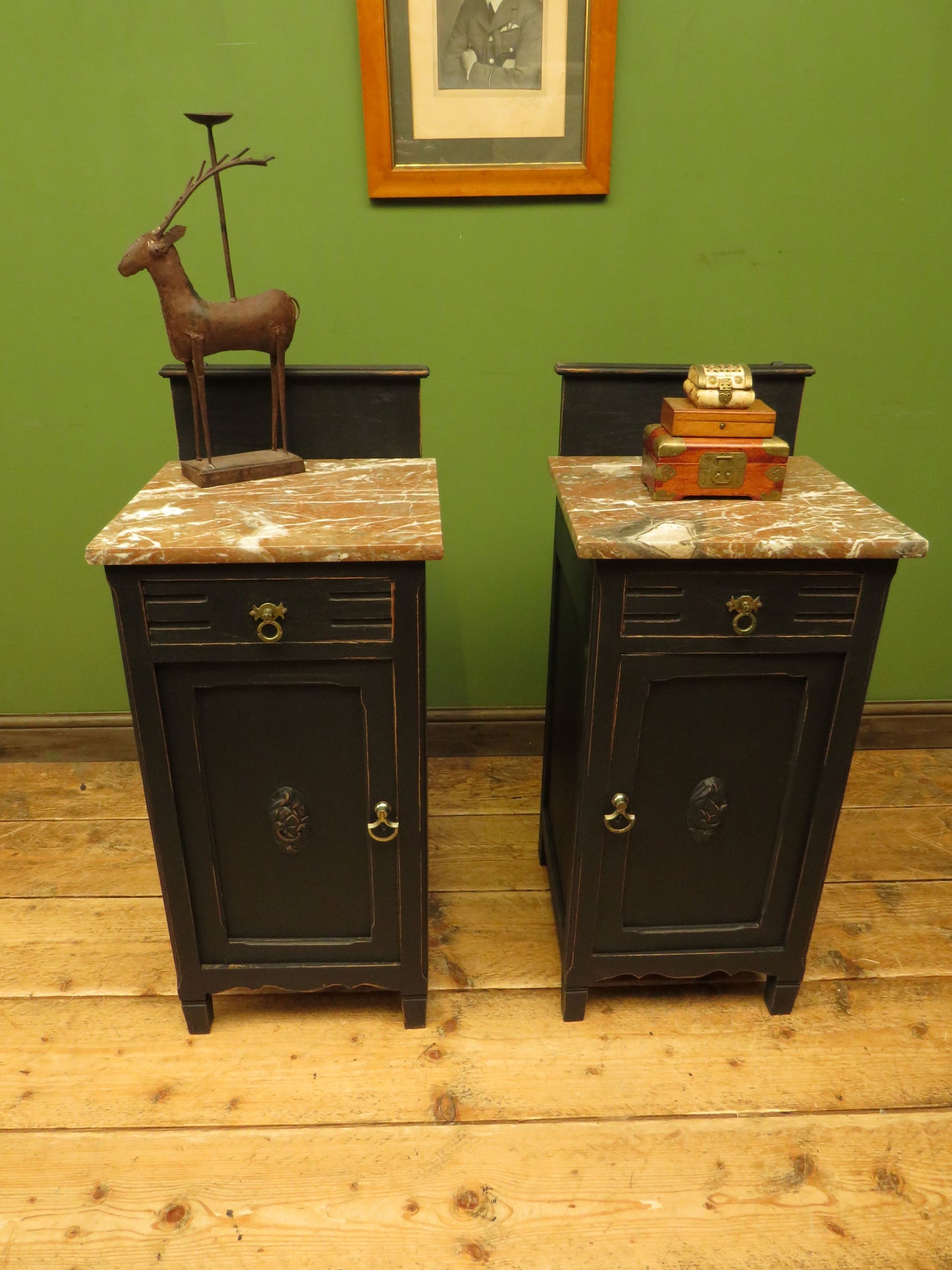 Pair of Antique Black Bedside Cabinets with Marble Tops