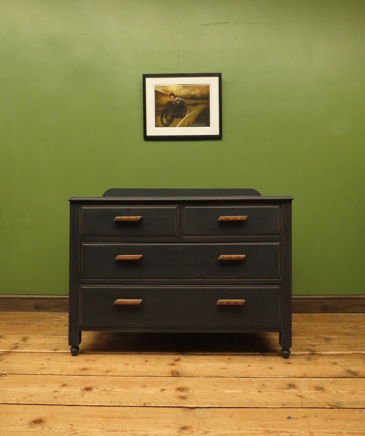 Art Deco Painted Black Chest of Drawers with stylised wooden handles