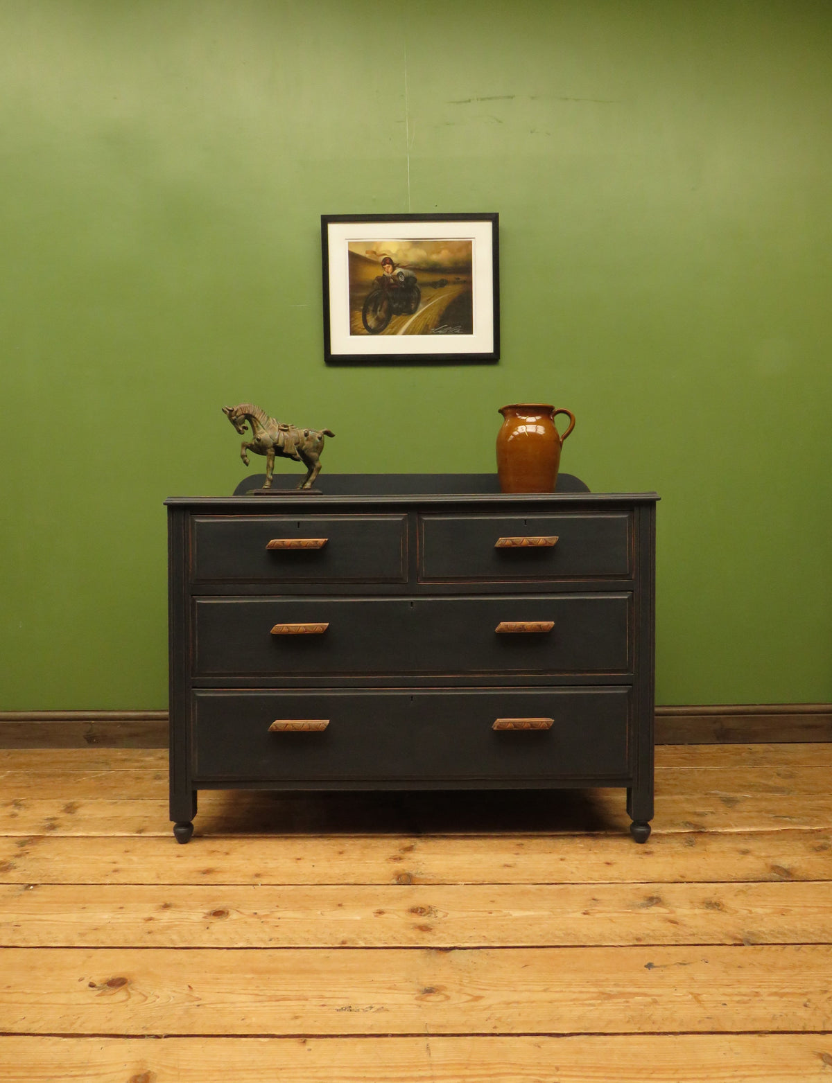 Art Deco Painted Black Chest of Drawers with stylised wooden handles