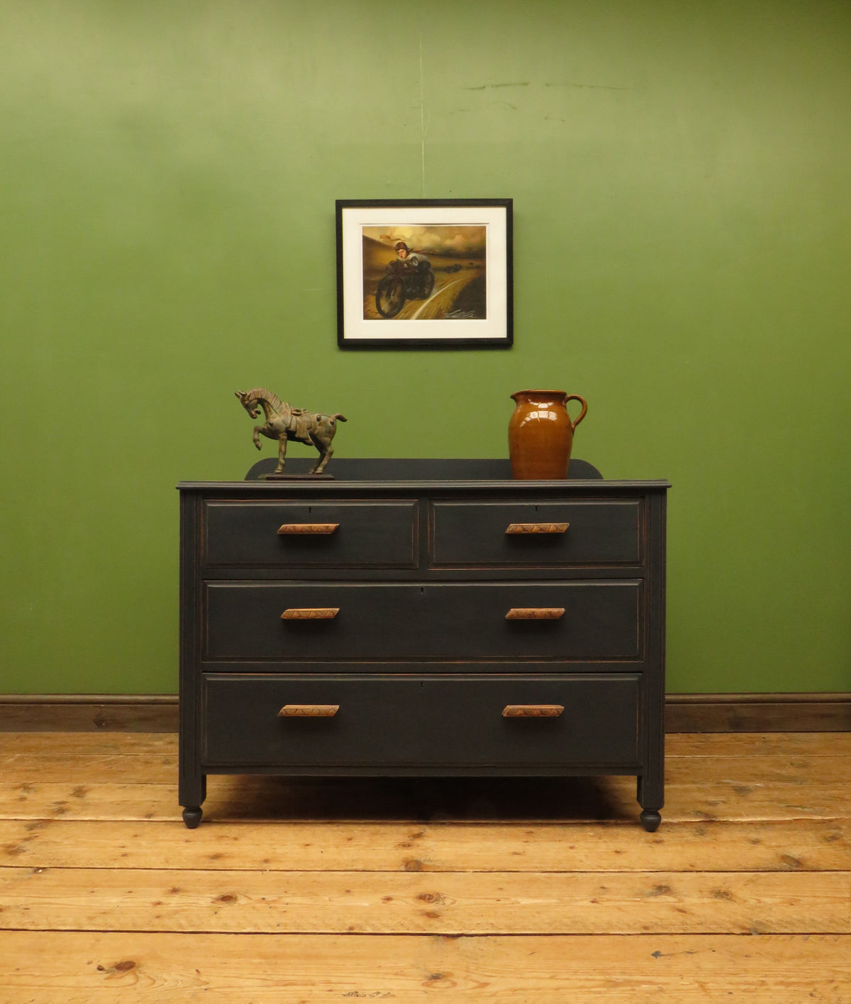 Art Deco Painted Black Chest of Drawers with stylised wooden handles