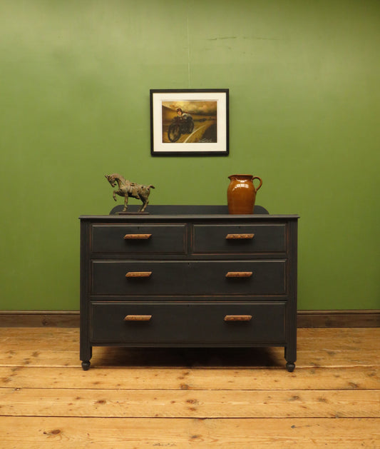 Art Deco Painted Black Chest of Drawers with stylised wooden handles