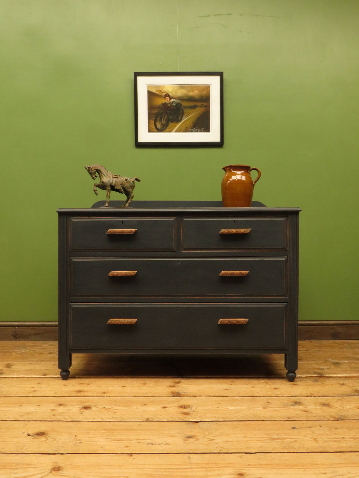 Art Deco Painted Black Chest of Drawers with stylised wooden handles