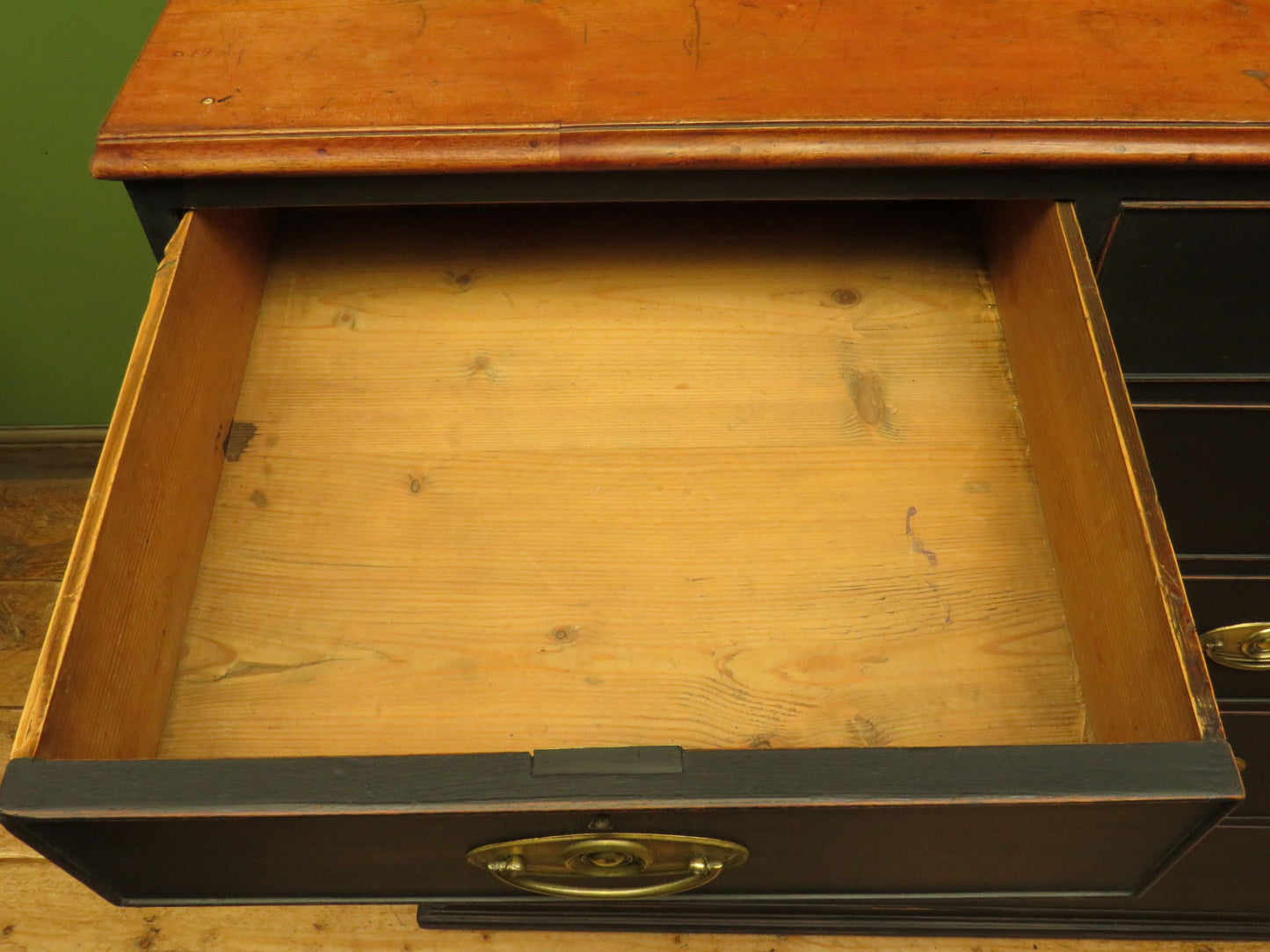 Large Antique Black Chest of Drawers with Wooden top