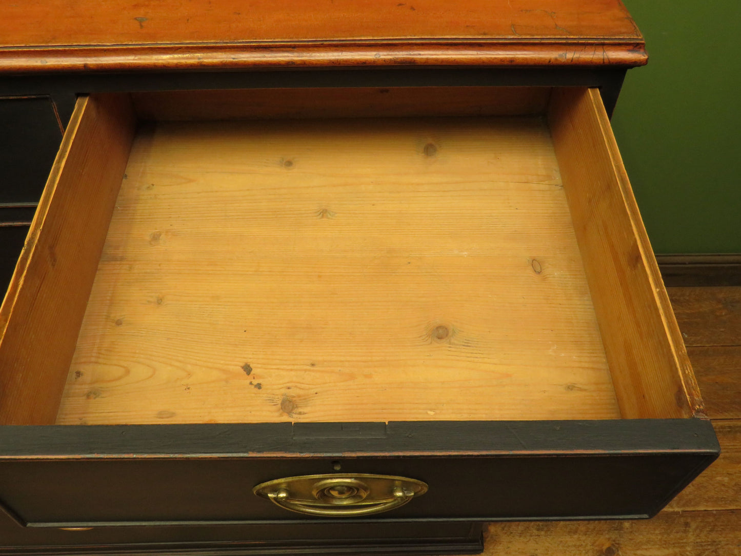 Large Antique Black Chest of Drawers with Wooden top