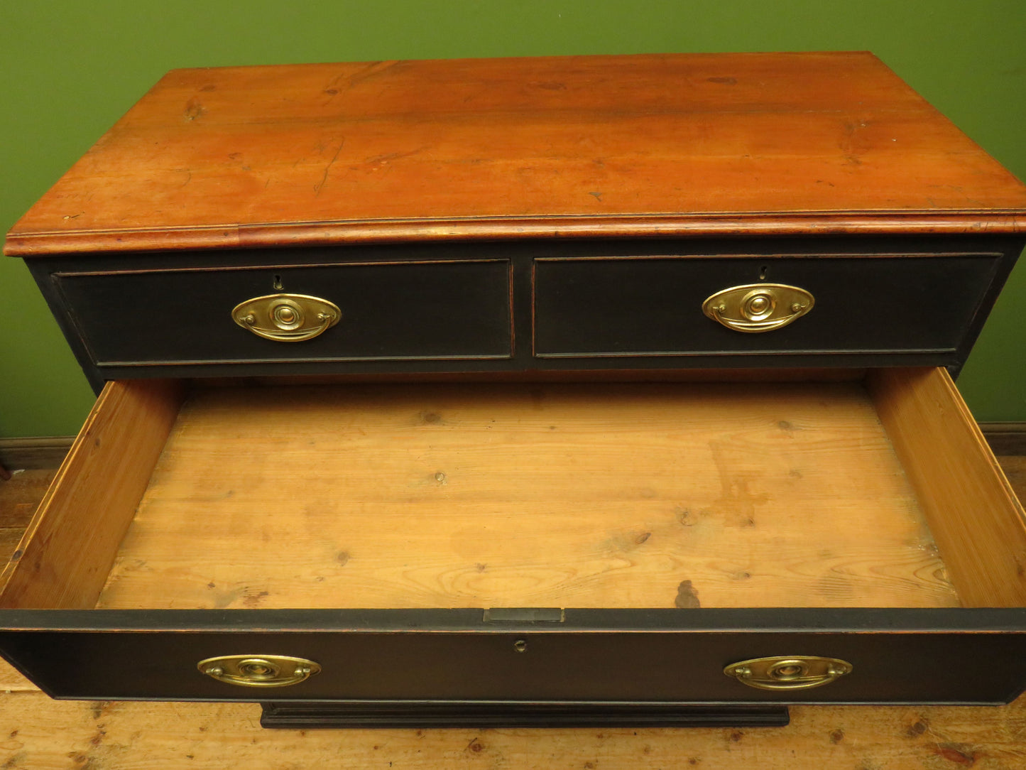 Large Antique Black Chest of Drawers with Wooden top