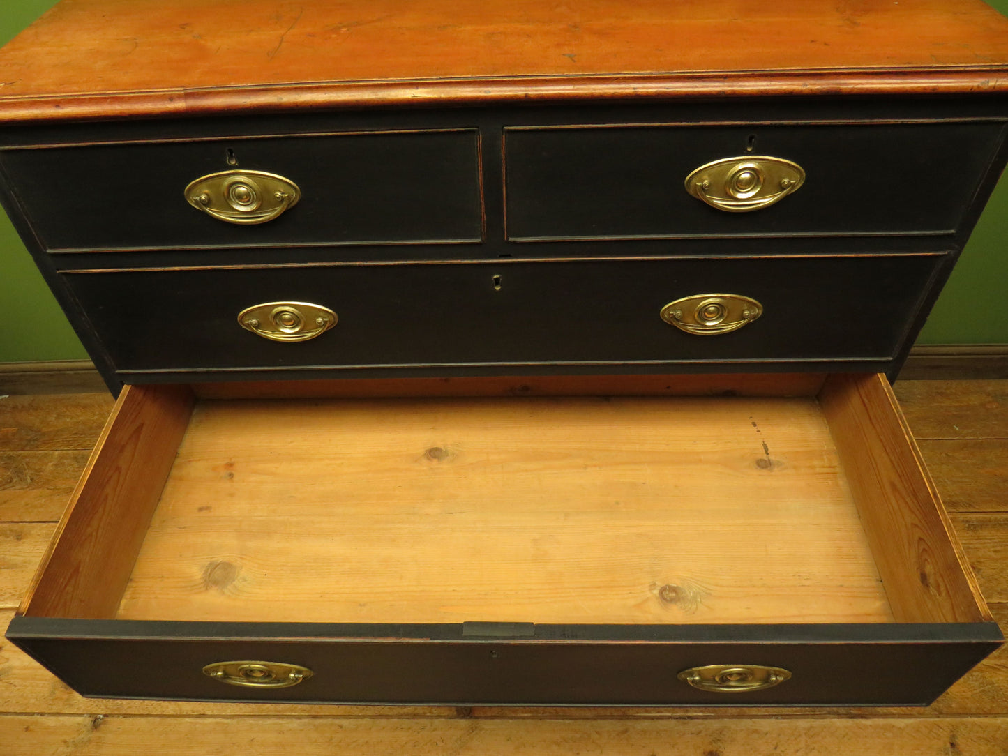 Large Antique Black Chest of Drawers with Wooden top