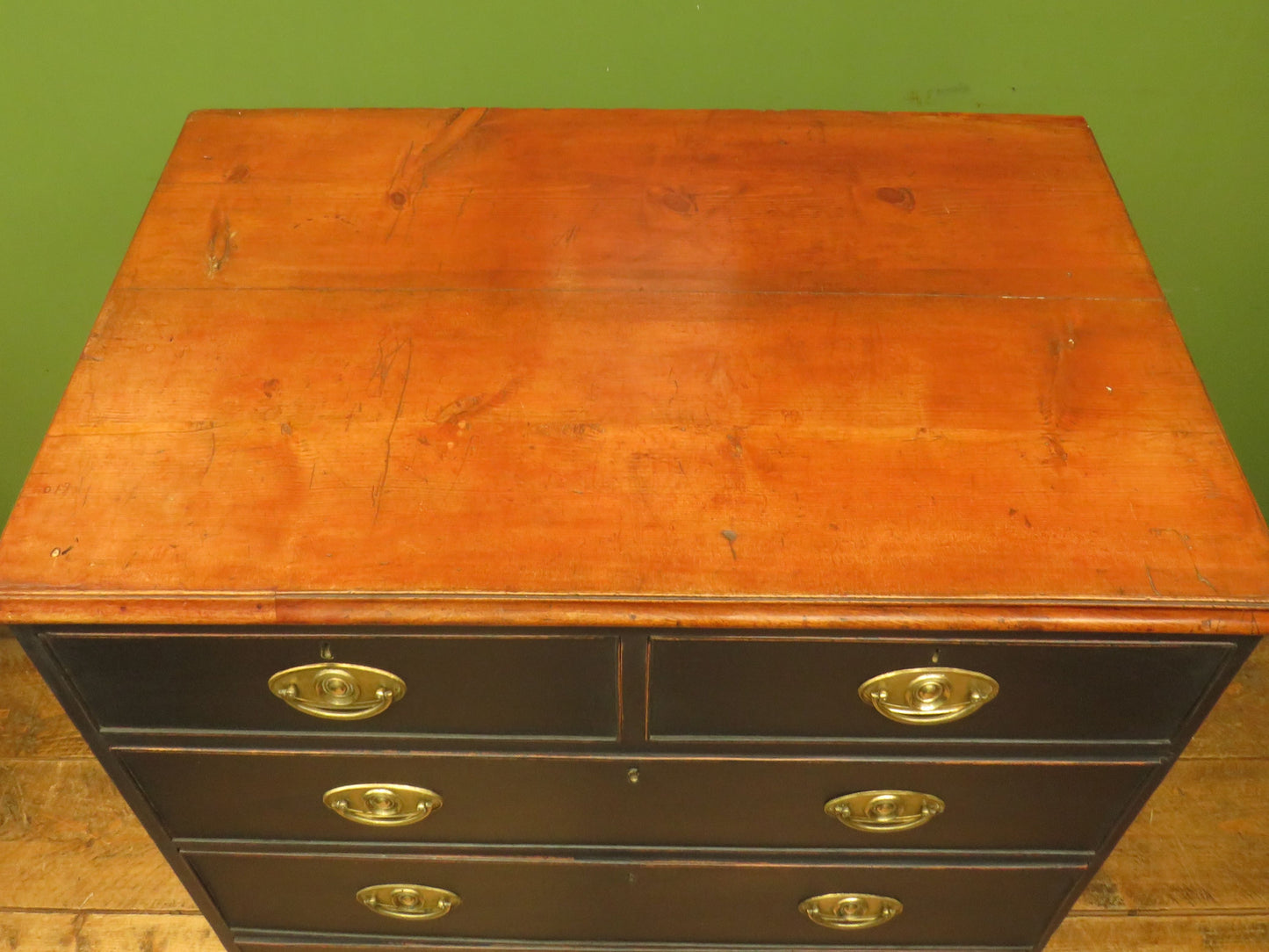 Large Antique Black Chest of Drawers with Wooden top