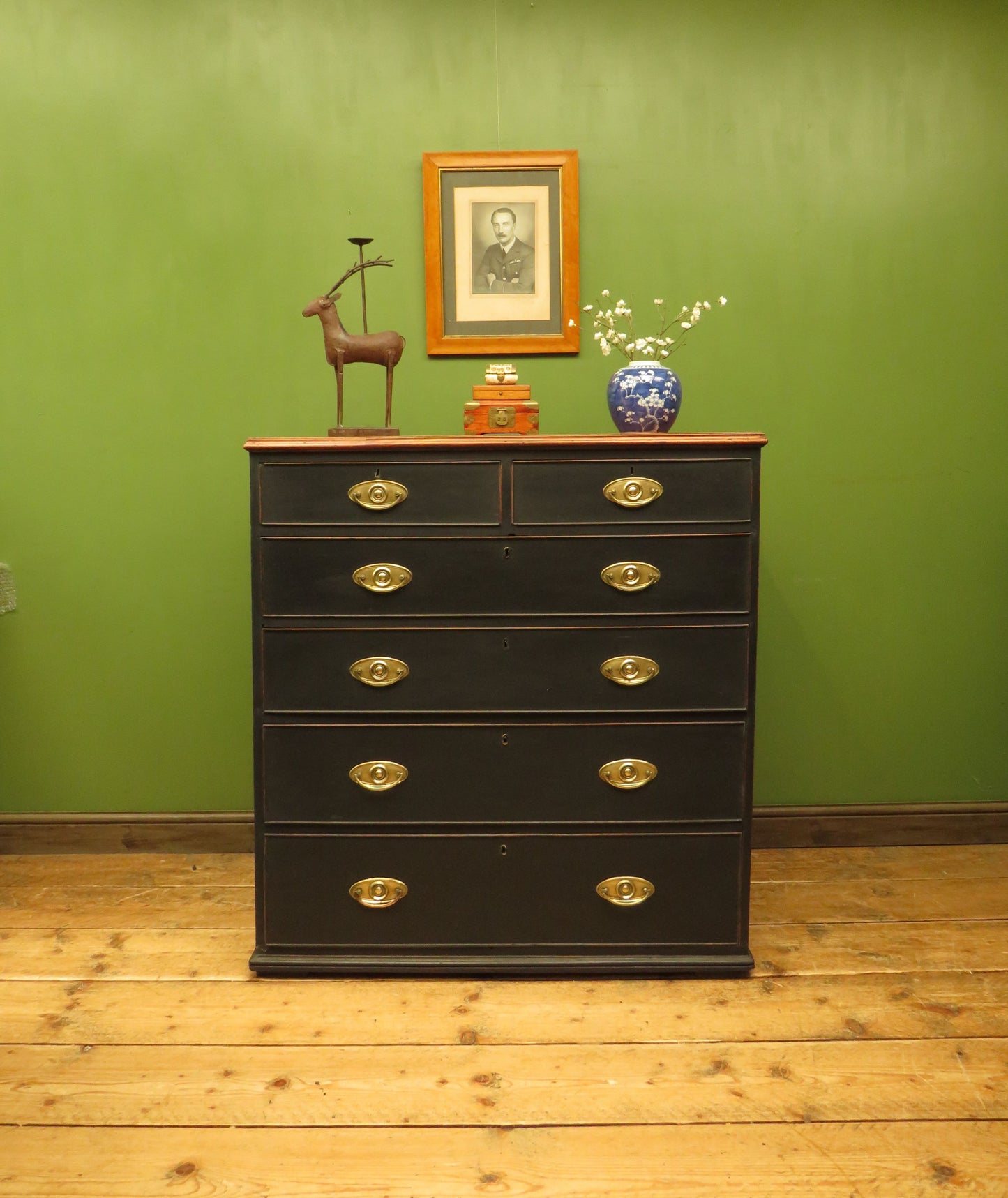 Large Antique Black Chest of Drawers with Wooden top