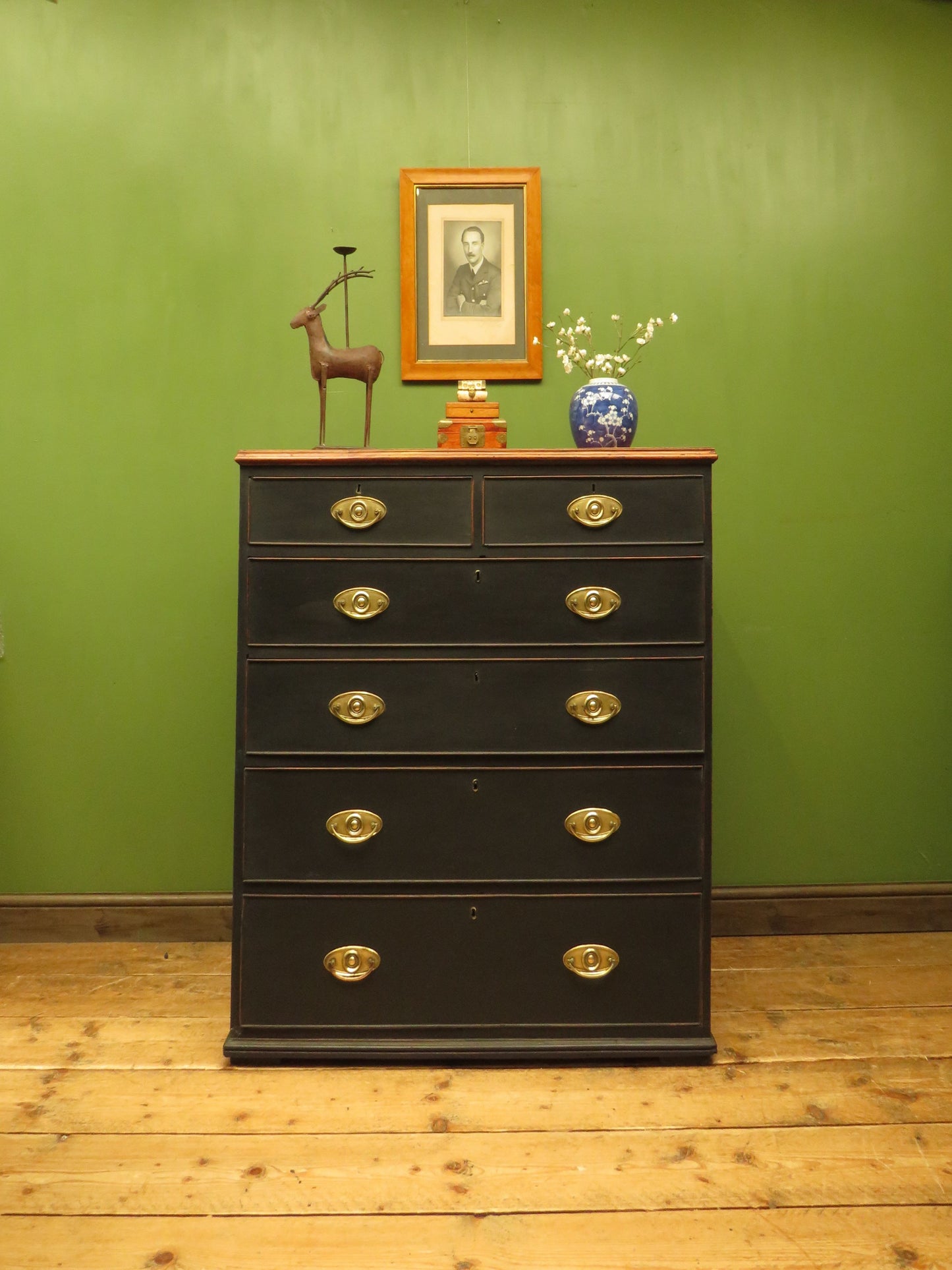 Large Antique Black Chest of Drawers with Wooden top