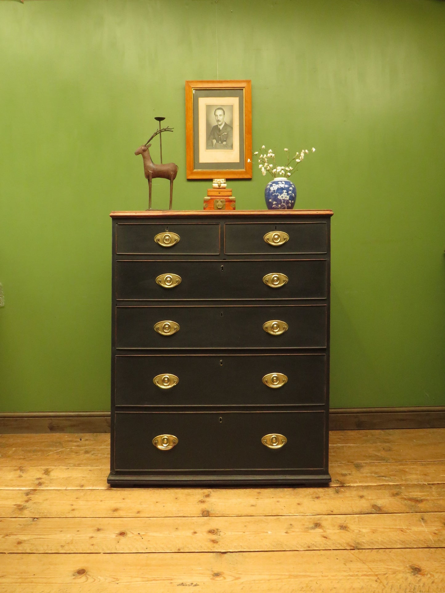 Large Antique Black Chest of Drawers with Wooden top