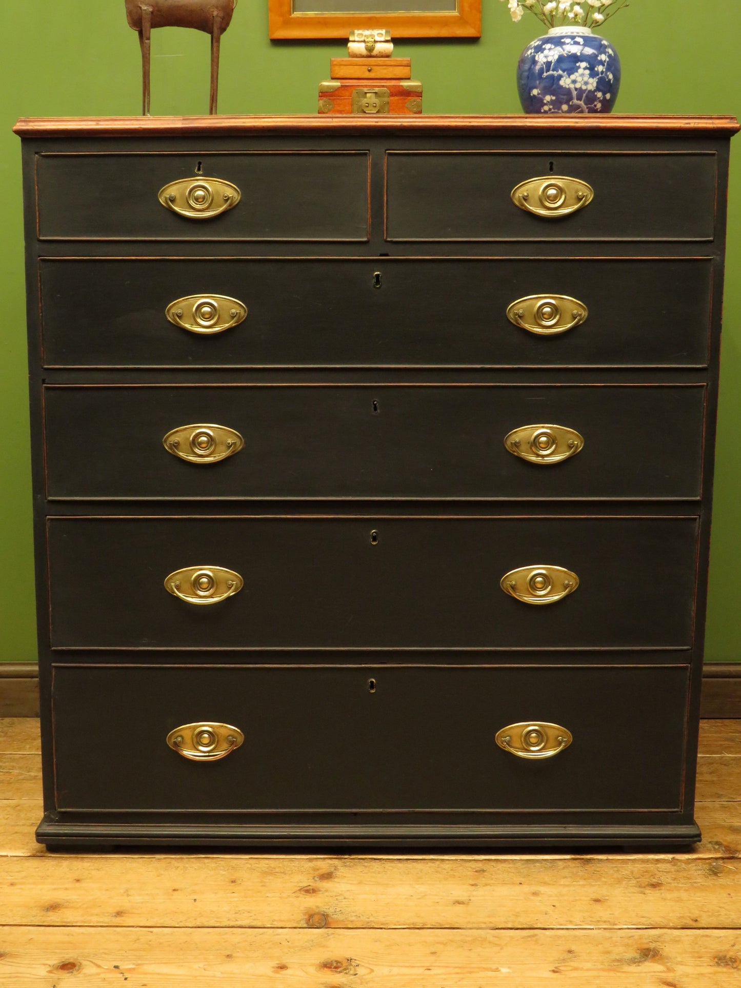 Large Antique Black Chest of Drawers with Wooden top