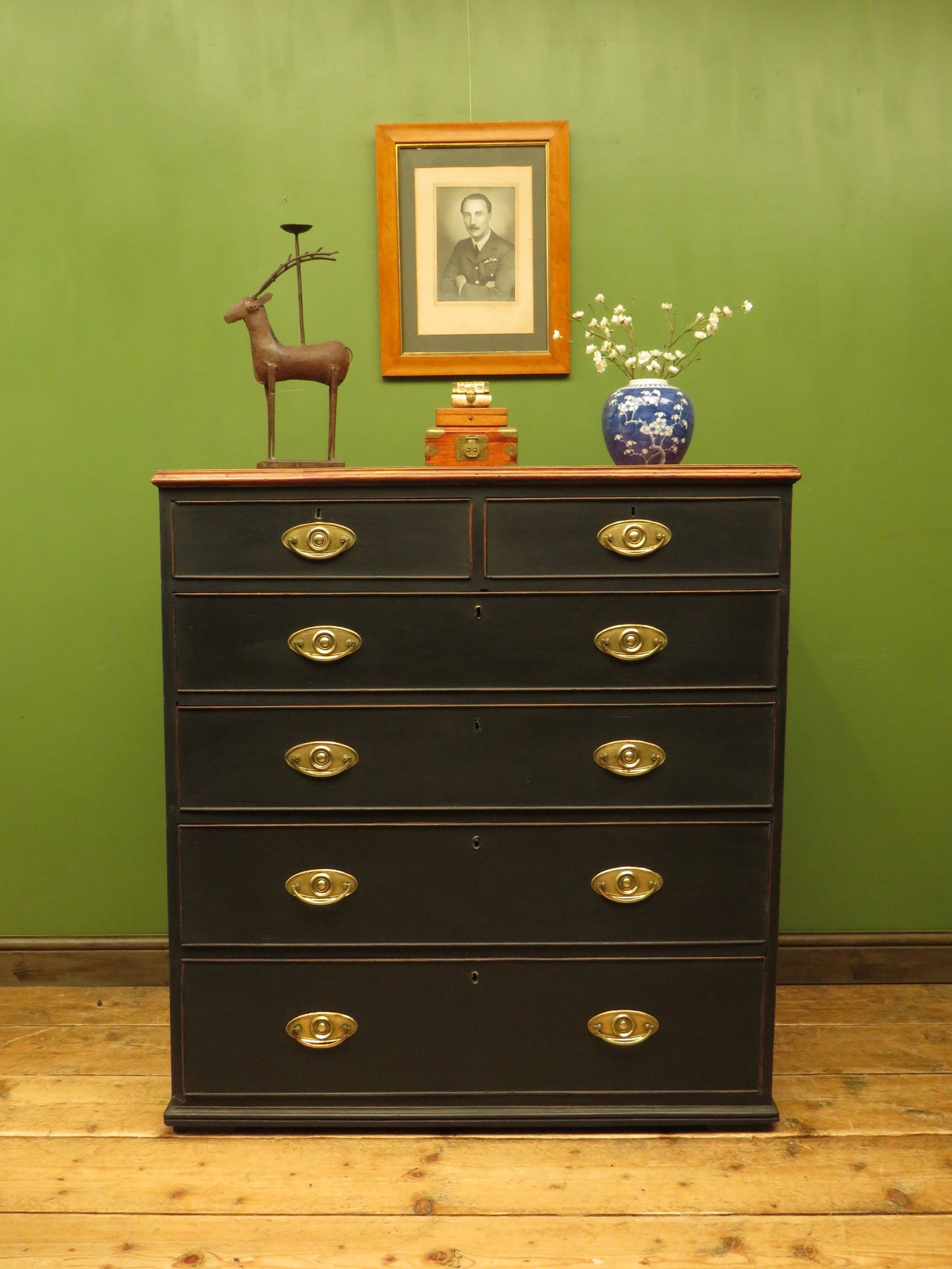 Large Antique Black Chest of Drawers with Wooden top