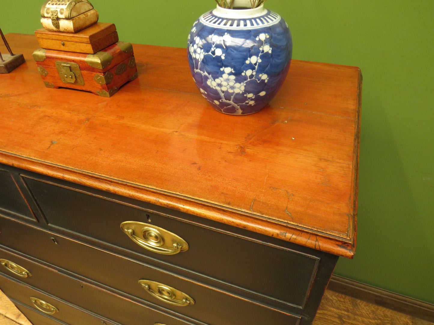 Large Antique Black Chest of Drawers with Wooden top