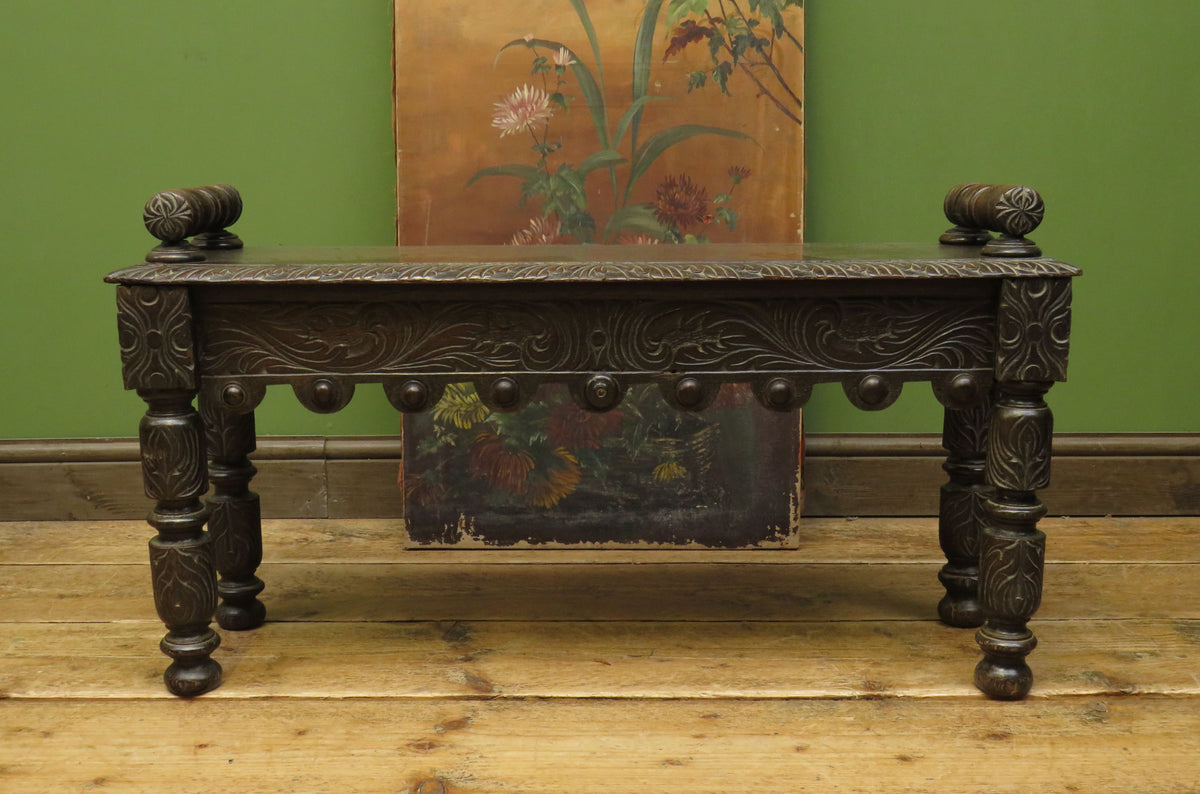 Victorian Carved Oak Window Seat Bench c.1880 Antique Hall Bench