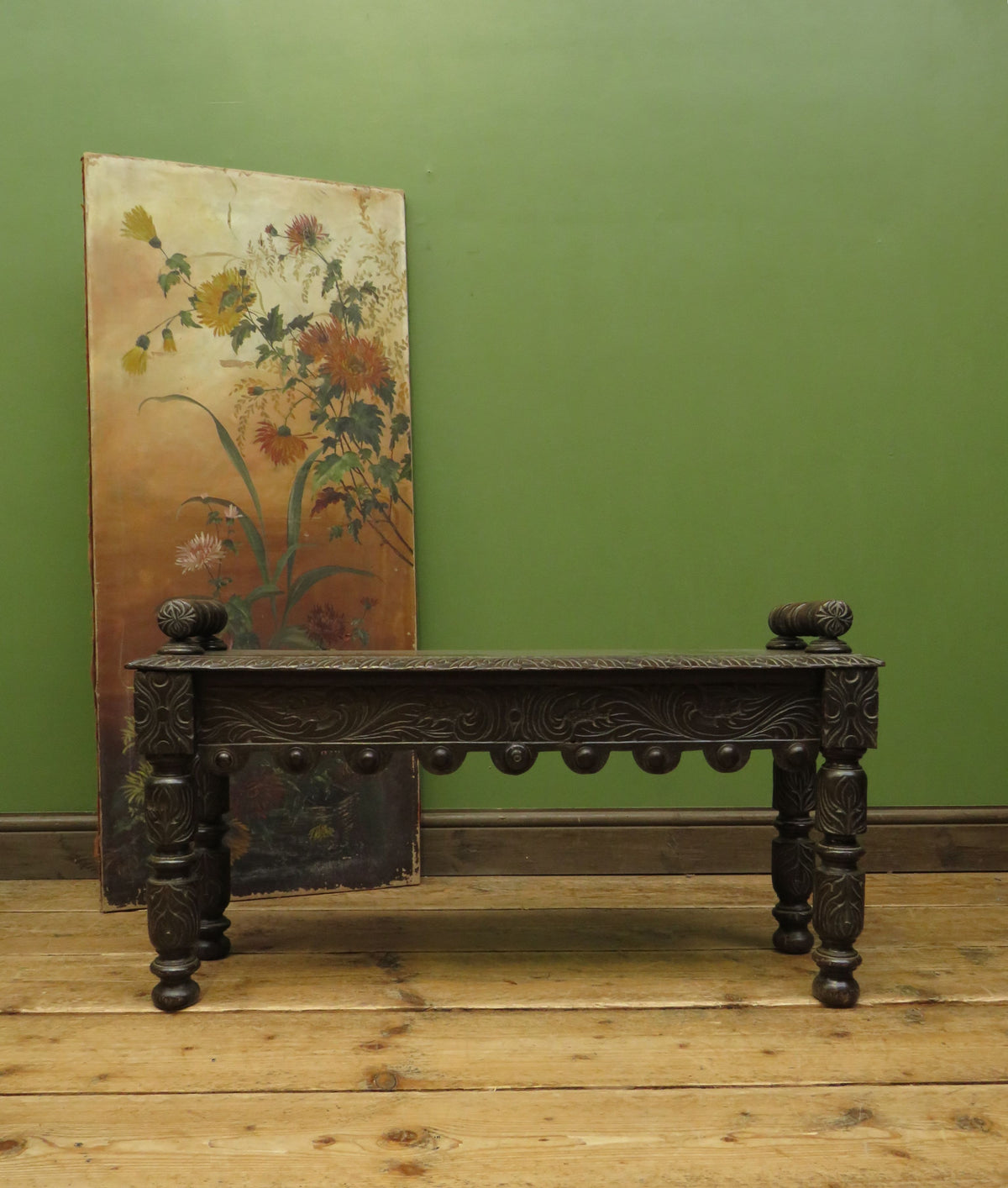 Victorian Carved Oak Window Seat Bench c.1880 Antique Hall Bench