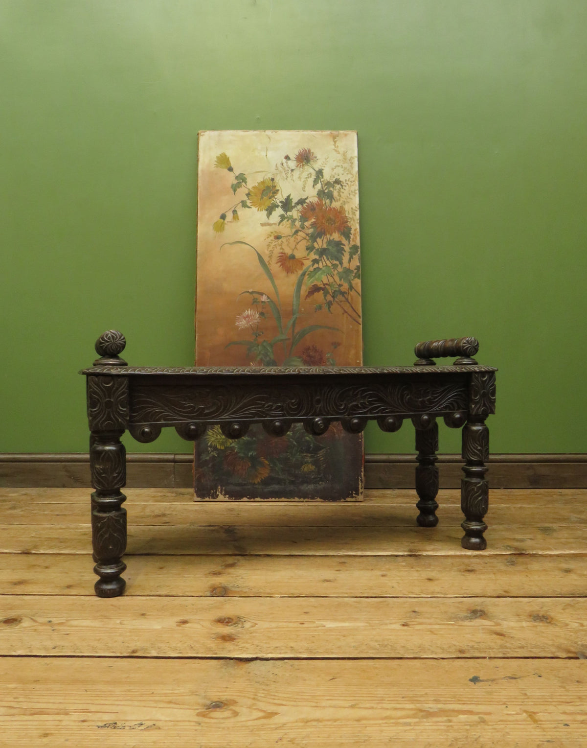 Victorian Carved Oak Window Seat Bench c.1880 Antique Hall Bench