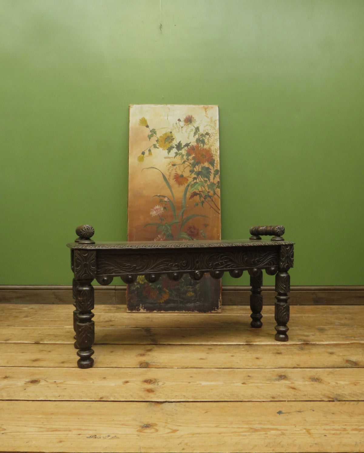 Victorian Carved Oak Window Seat Bench c.1880 Antique Hall Bench