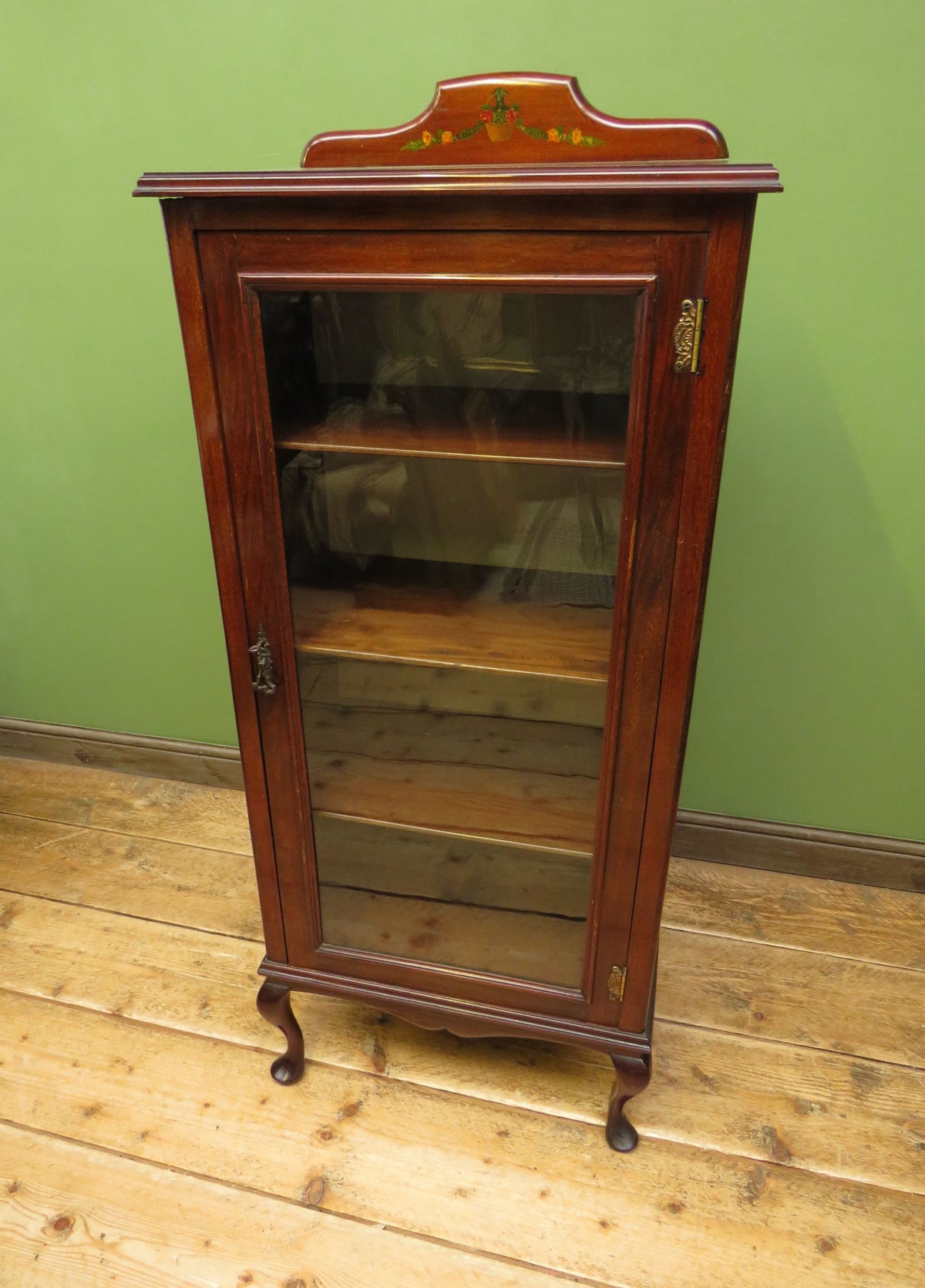 Antique Edwardian Mahogany Glazed Display Cabinet Bookcase with hand-painted flower decoration