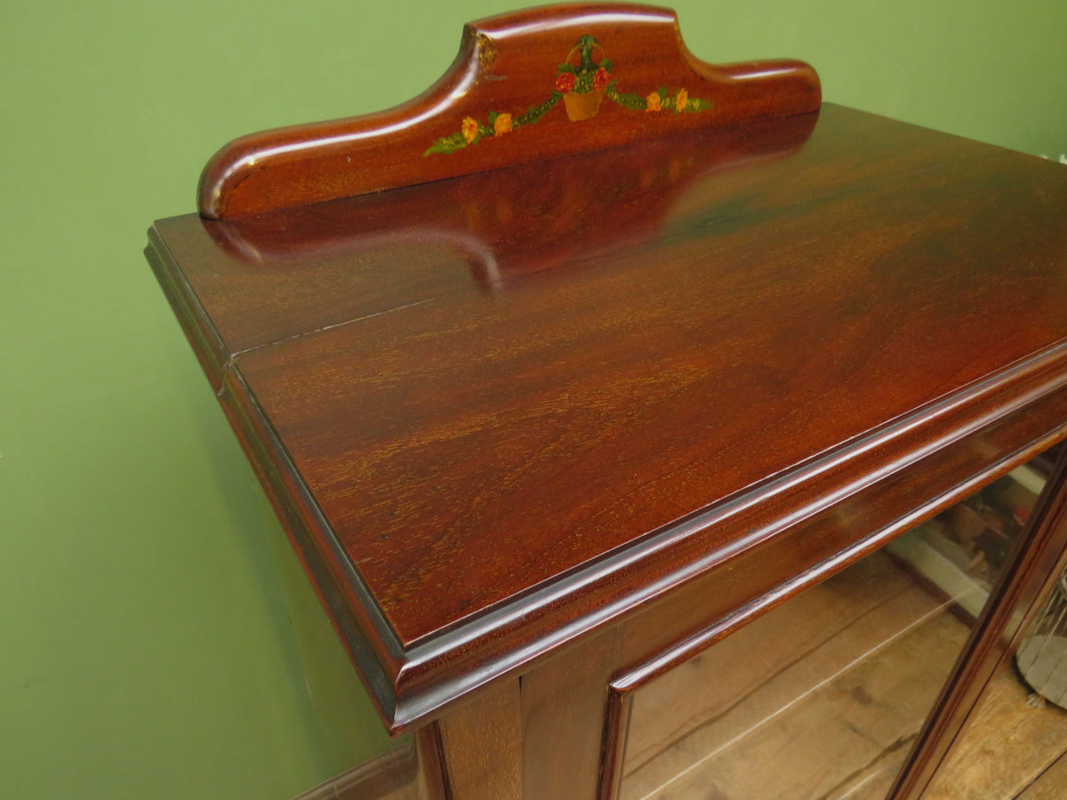 Antique Edwardian Mahogany Glazed Display Cabinet Bookcase with hand-painted flower decoration
