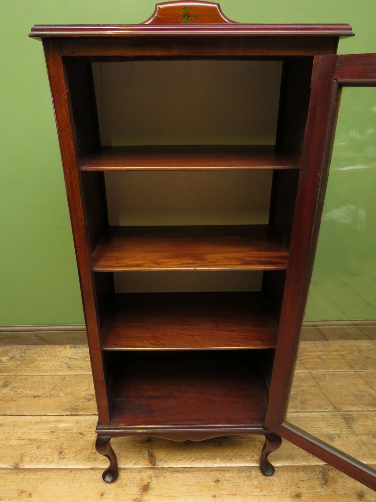 Antique Edwardian Mahogany Glazed Display Cabinet Bookcase with hand-painted flower decoration