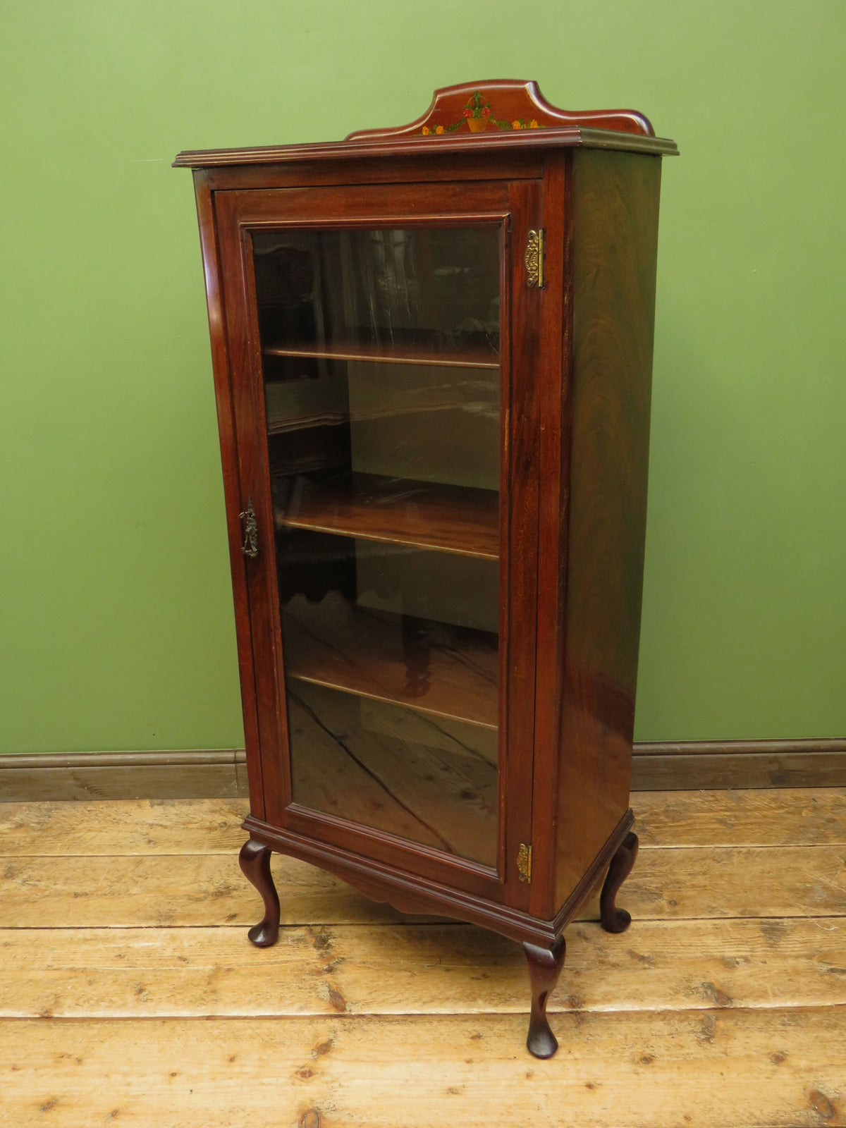 Antique Edwardian Mahogany Glazed Display Cabinet Bookcase with hand-painted flower decoration