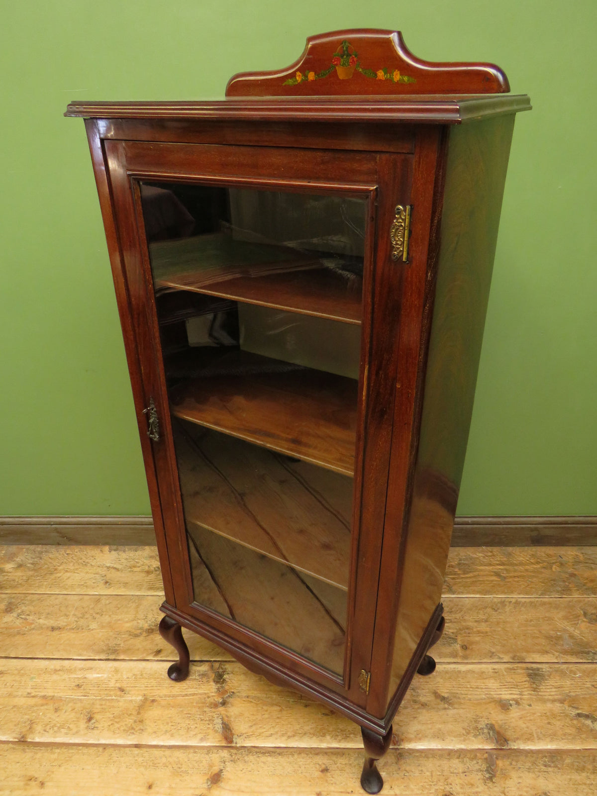 Antique Edwardian Mahogany Glazed Display Cabinet Bookcase with hand-painted flower decoration