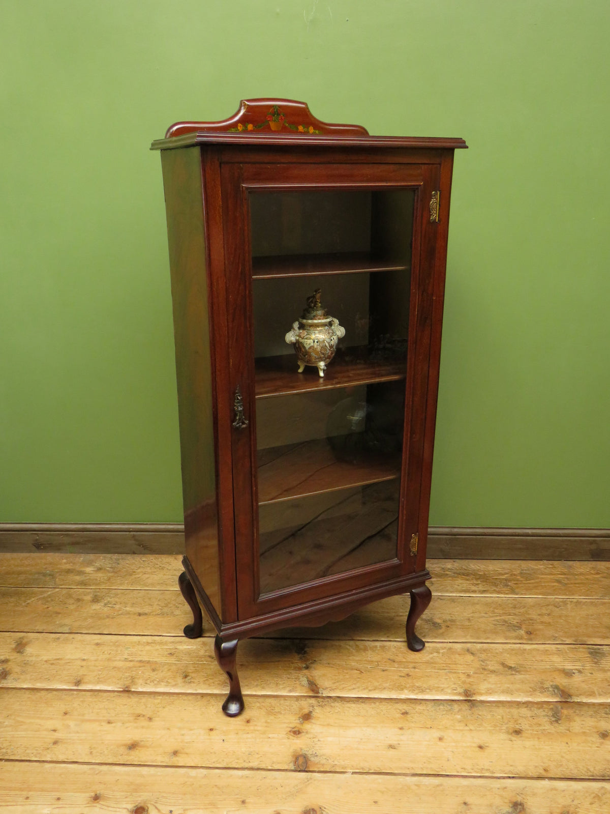 Antique Edwardian Mahogany Glazed Display Cabinet Bookcase with hand-painted flower decoration