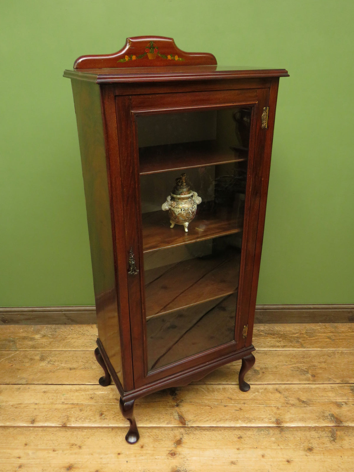 Antique Edwardian Mahogany Glazed Display Cabinet Bookcase with hand-painted flower decoration