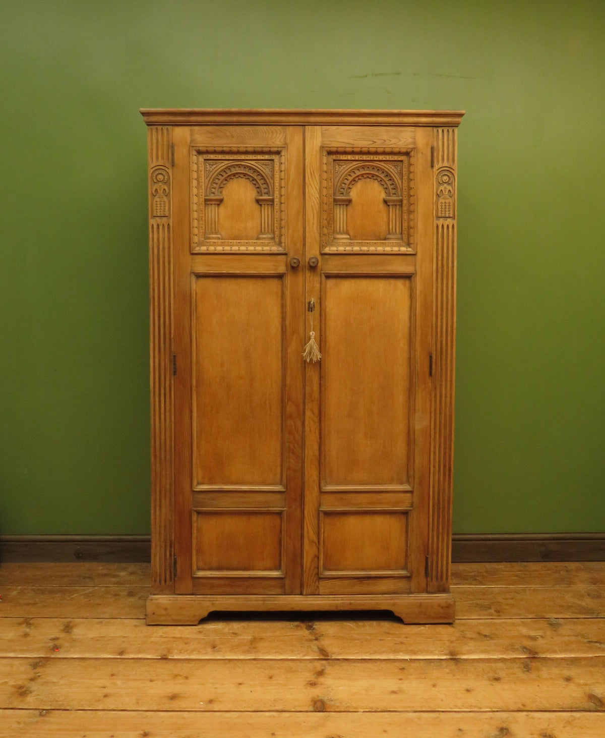 Antique Carved Oak Compactum Wardrobe Gothic Revival Armoire