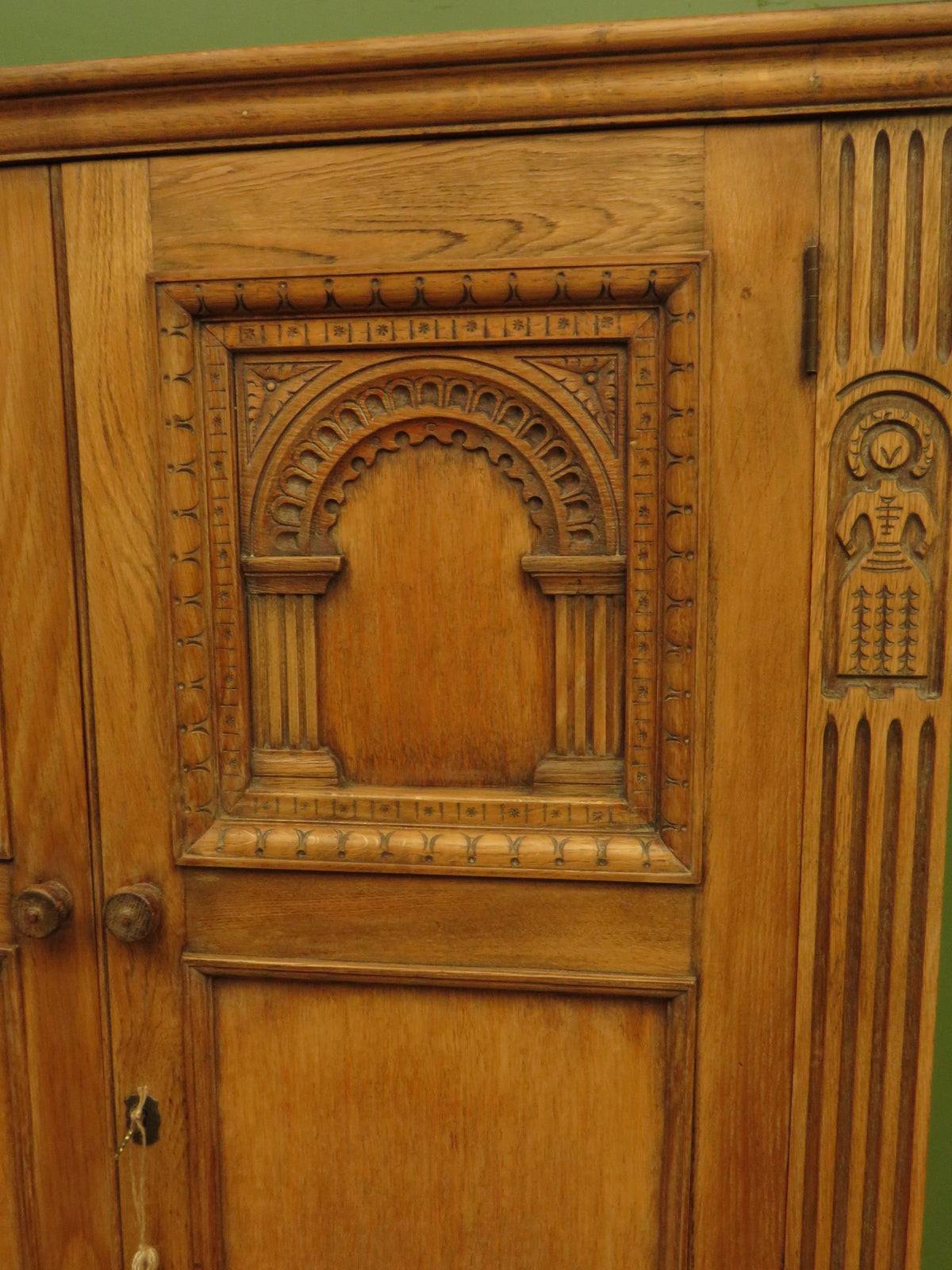 Antique Carved Oak Compactum Wardrobe Gothic Revival Armoire