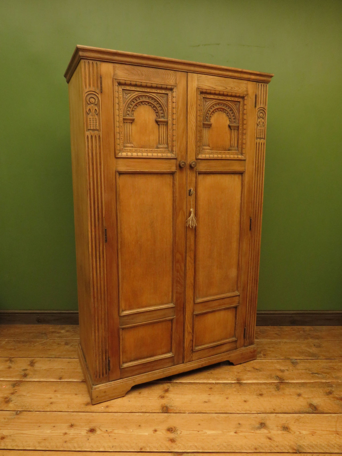 Antique Carved Oak Compactum Wardrobe Gothic Revival Armoire