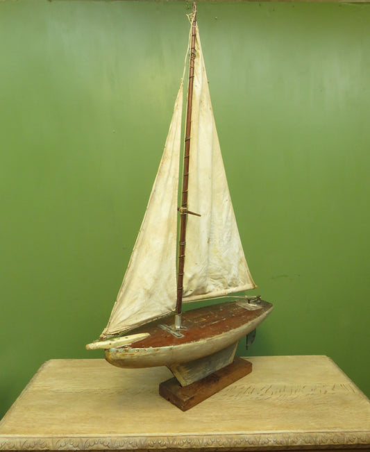 Large Vintage Scratch Built Pond Yacht with Chicken Feed Sack Sail