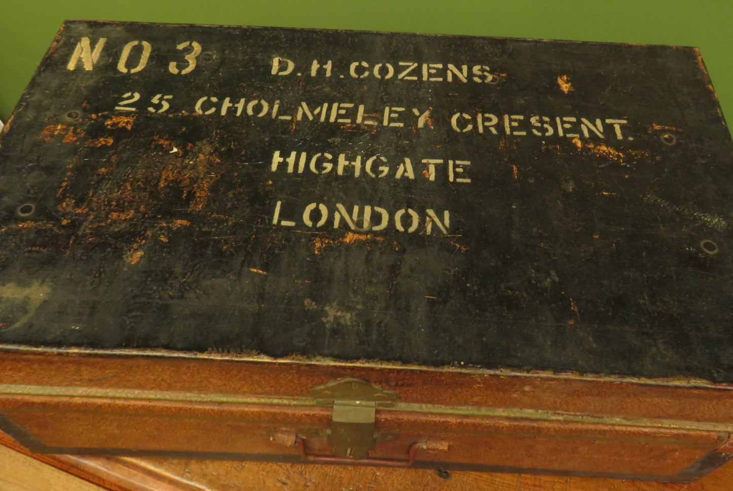 Antique Metal Transit Trunk with Name to top