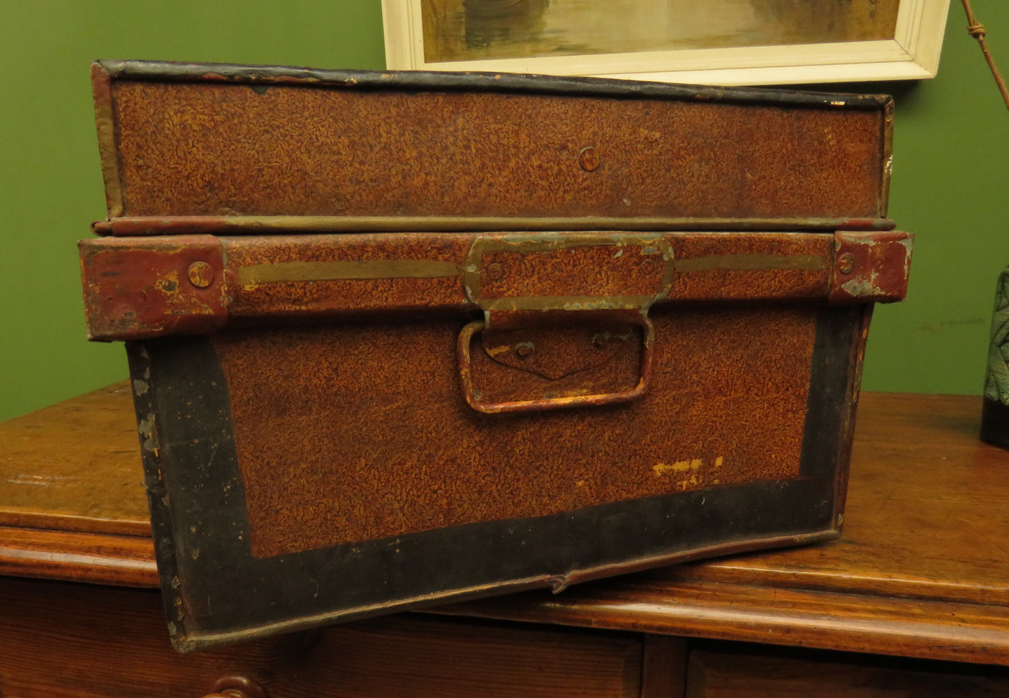 Antique Metal Transit Trunk with Name to top
