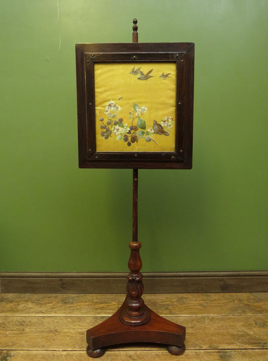 Antique Pole Screen with Hand Painted Silk Panel