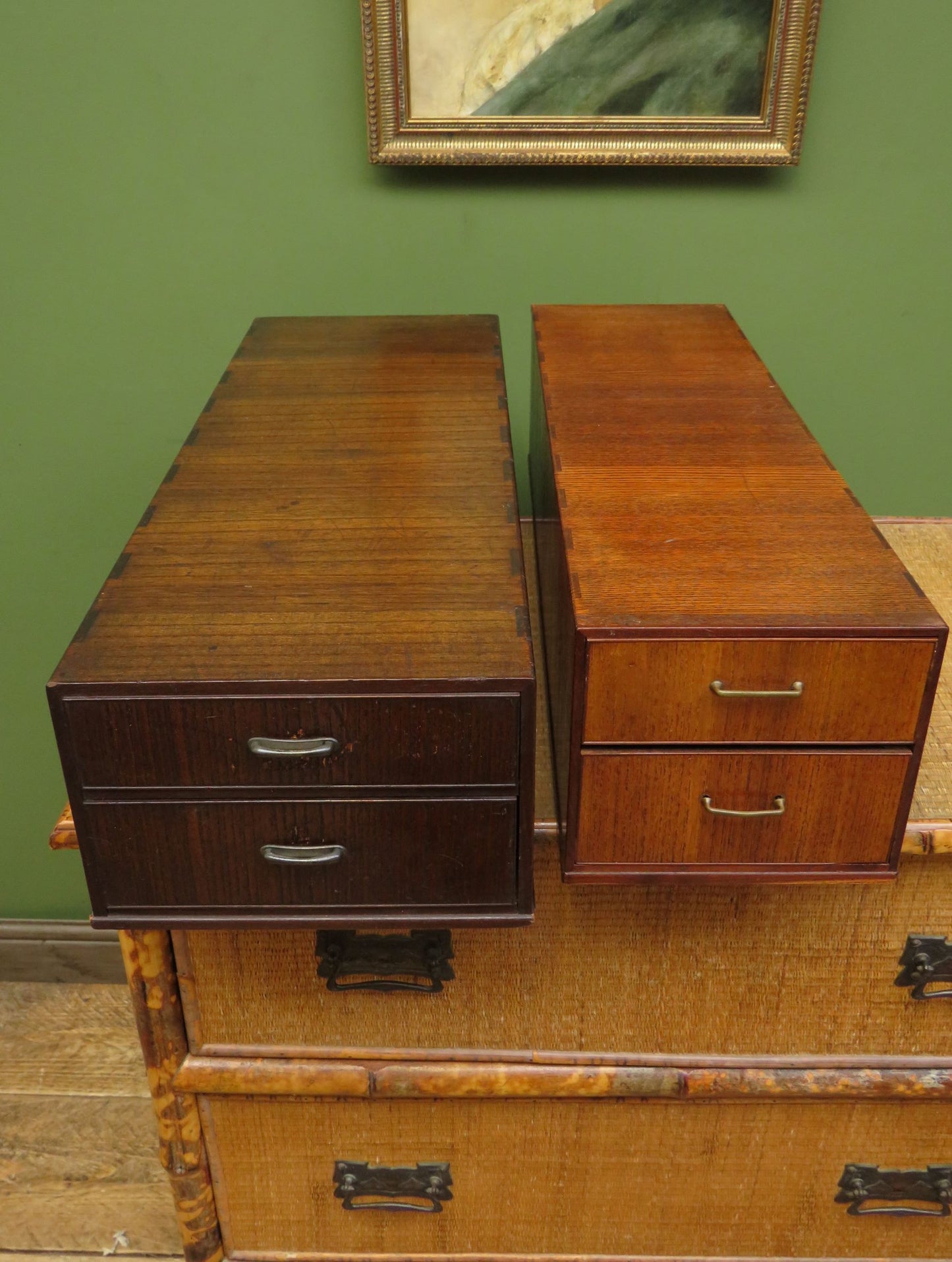 Pair of Vintage Long Wooden Storage Boxes with Lacquered Drawers