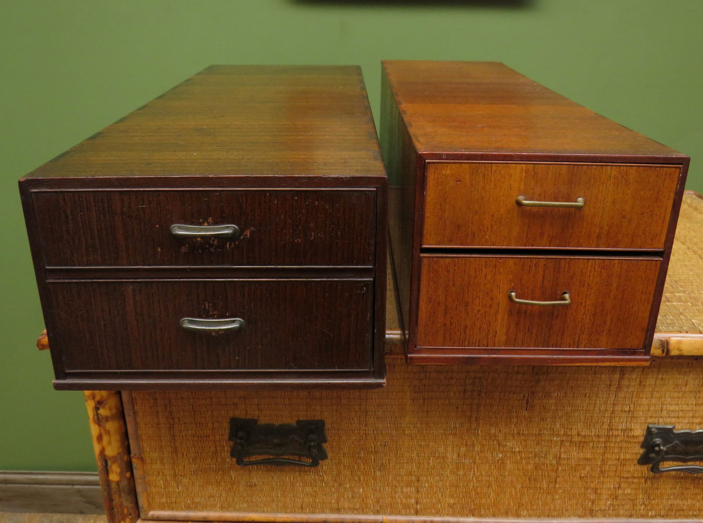 Pair of Vintage Long Wooden Storage Boxes with Lacquered Drawers