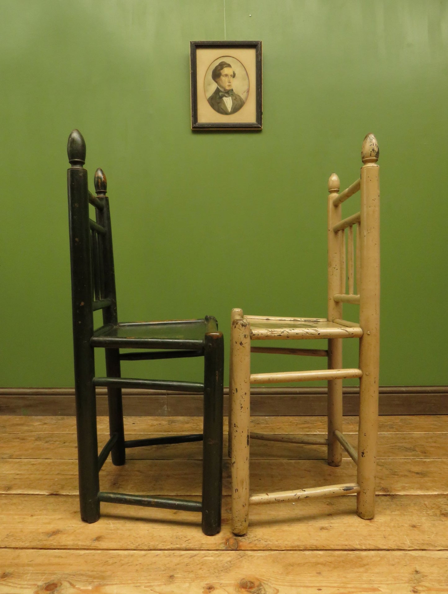 Pair of Old Primitive Spindle Chairs with Aged Painted Finish