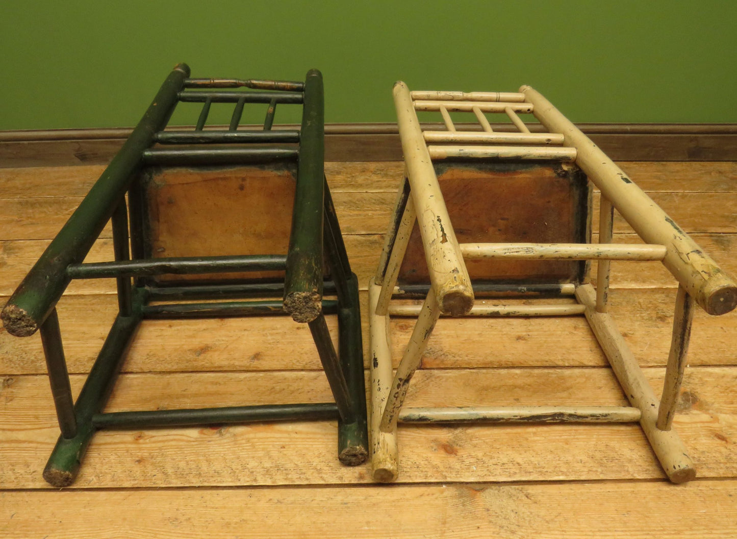 Pair of Old Primitive Spindle Chairs with Aged Painted Finish