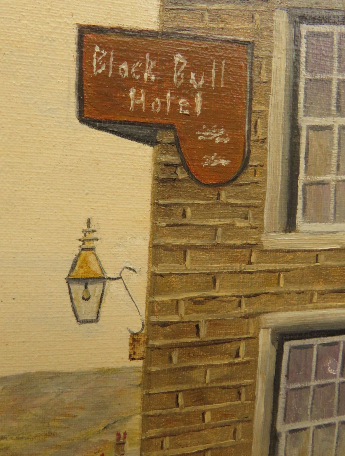 Framed oil painting of The Black Bull Hotel in Haworth by David Ellis, 1976