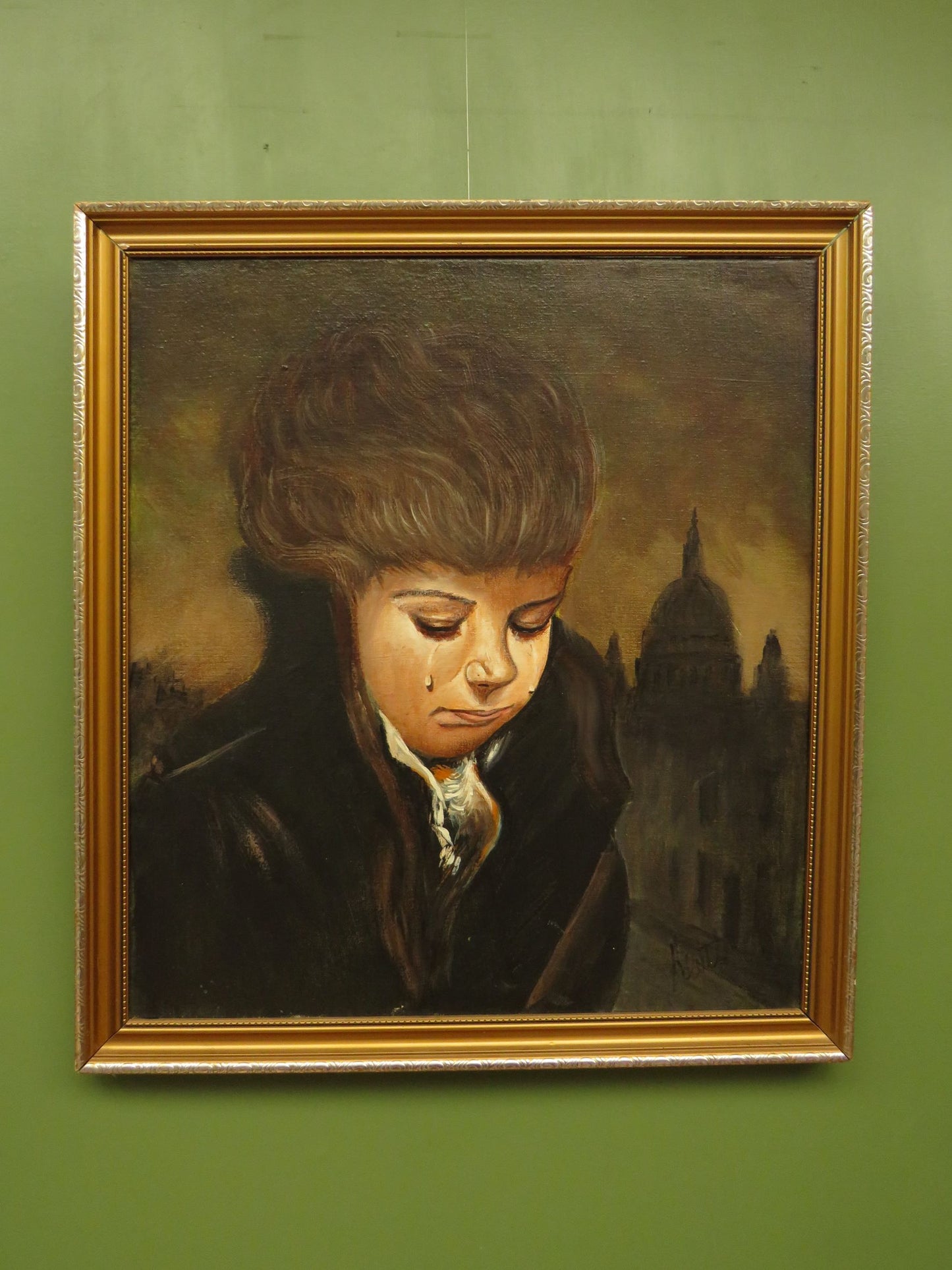Framed Gothic Style oil painting of a lady weeping