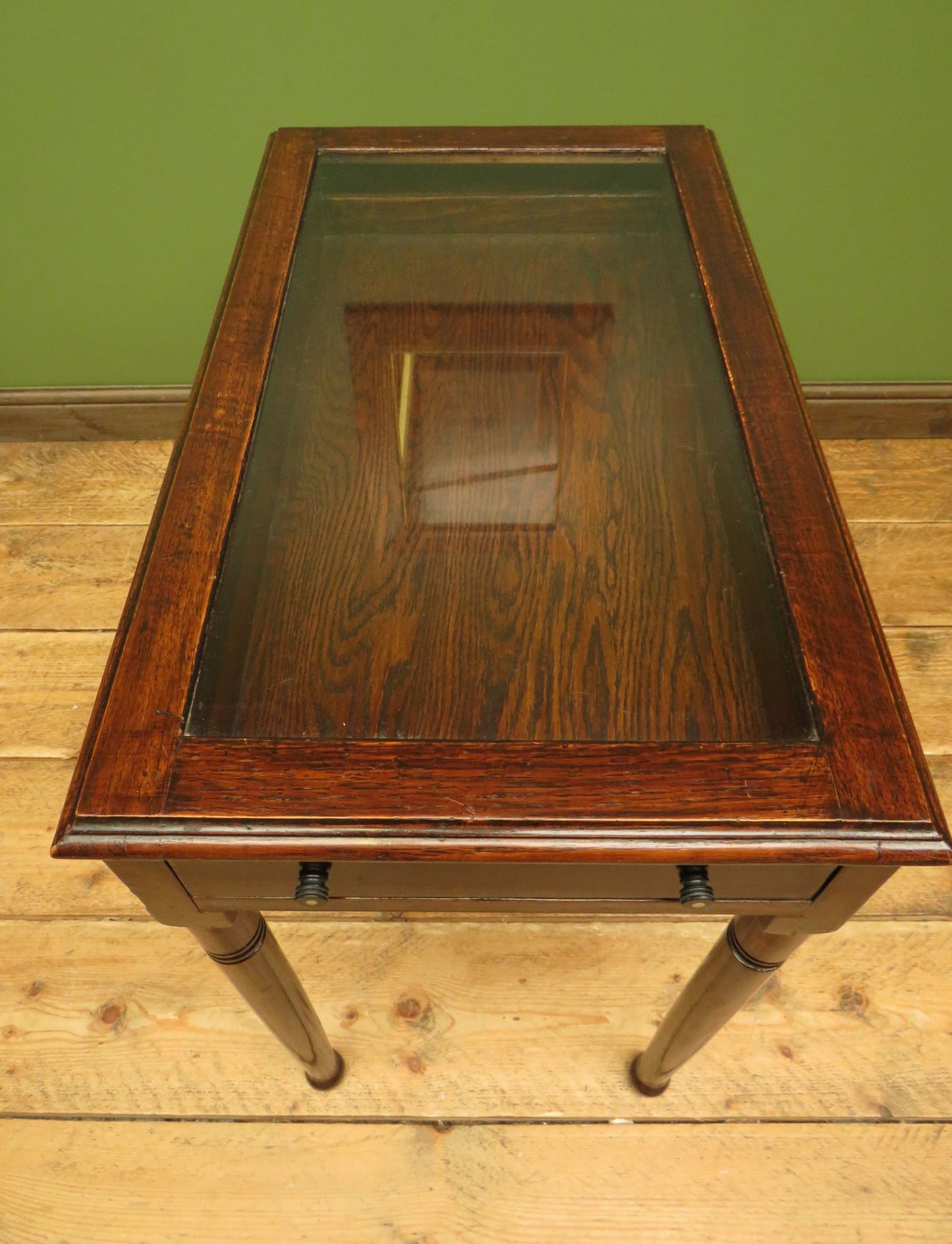 Oak Table Vitrine with Glazed Top and Long Drawer