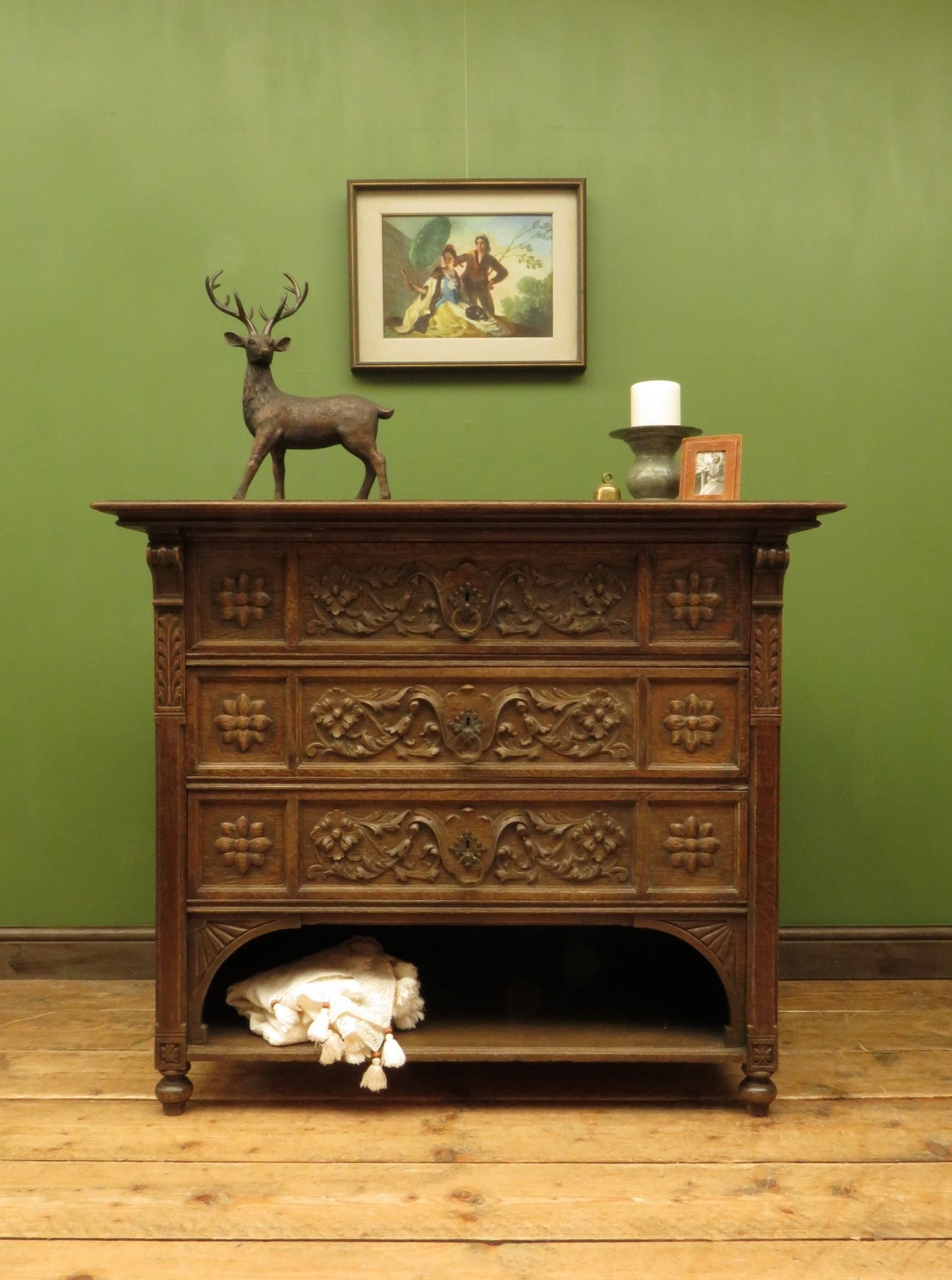 Carved German Linen Chest of Drawers with Fall Fronts, S.Kronthal & Sons